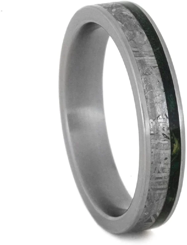 Gibeon Meteorite, Green Box Elder Burl Wood 4mm Comfort-Fit Matte Titanium Band, Size 14.25