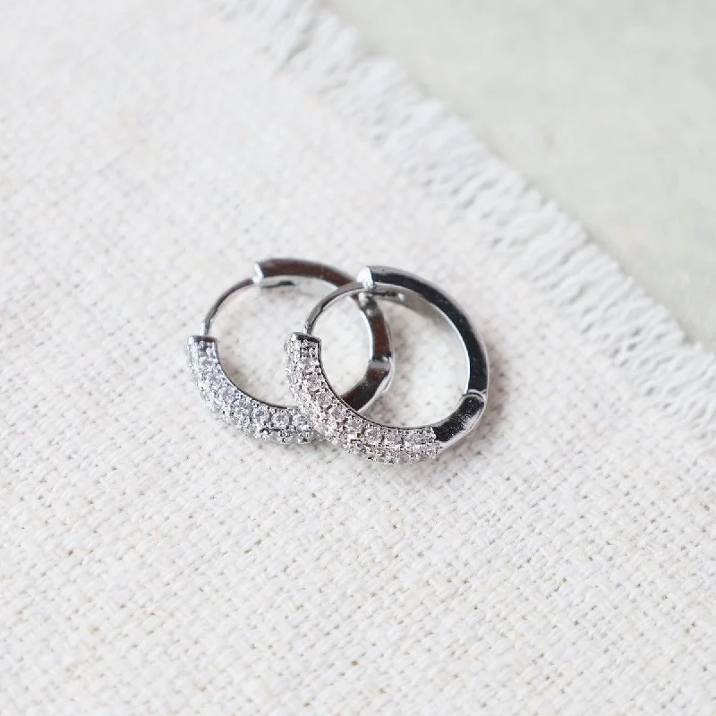 Glisten Pave Silver White Gold Filled Huggie Hoops