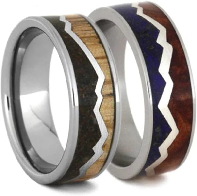 His and Hers Dinosaur Bone, Oak Wood Titanium Band and Redwood, Lapis Lazuli Titanium Band Sizes M14-F7.5