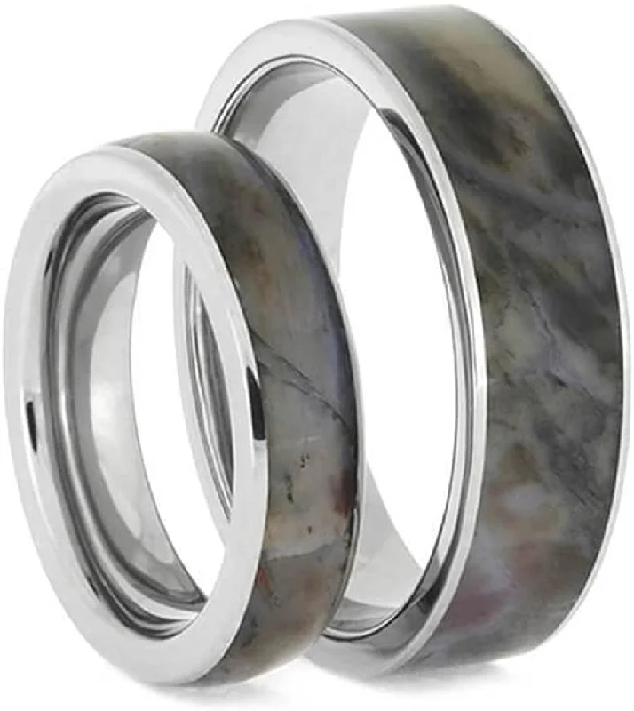 His and Hers Petrified Wood Comfort-Fit Titanium Bands Size, M10-F9