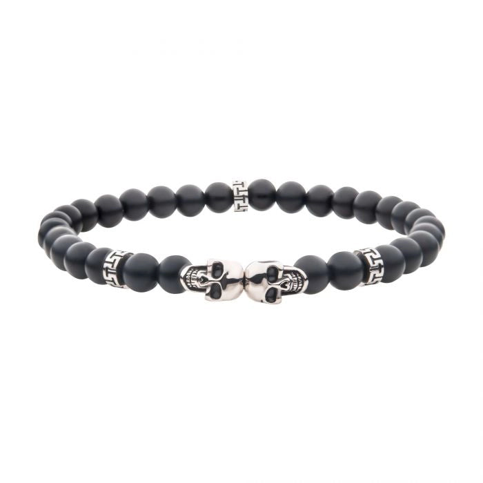 Inox 6.5mm Stainless Steel Skull and Black Agate Stone Bead Bracelet