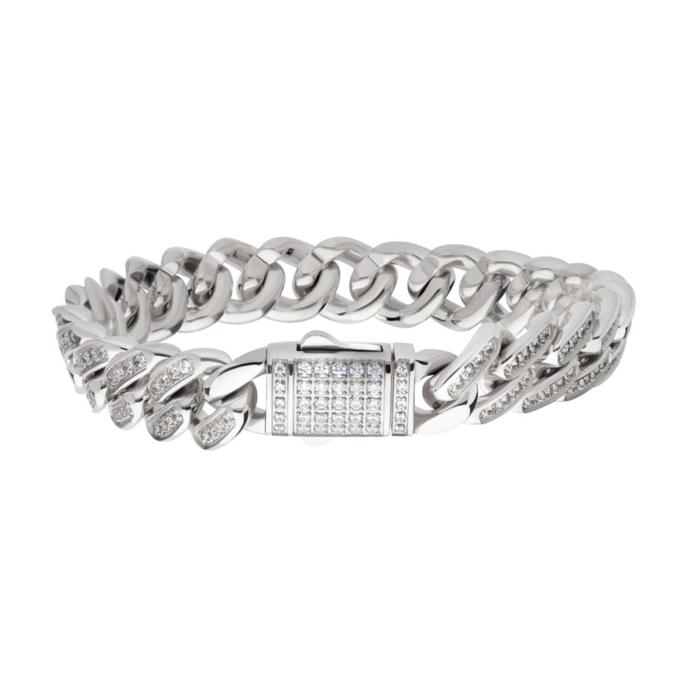 Inox Stainless Steel 12mm Miami Cuban Chain Bracelet with CZ