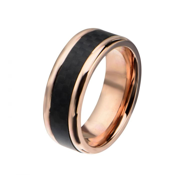 Inox Stainless Steel Rose Gold Ion Plated Band with Carbon Fiber Center