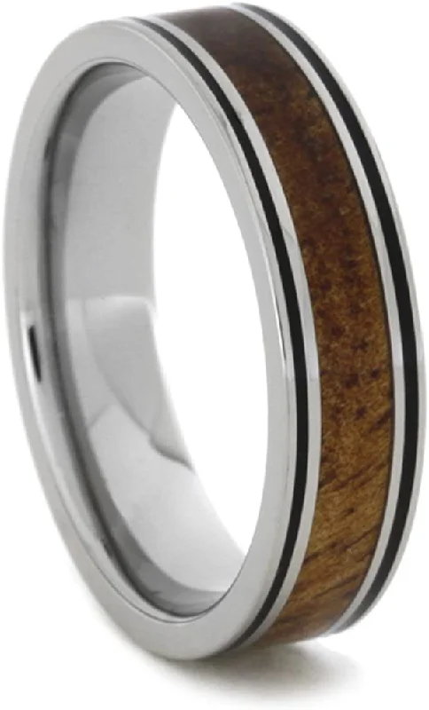 Koa Wood, Black Enamel Pinstripe 6mm Comfort-Fit Titanium Band, Size 10.25