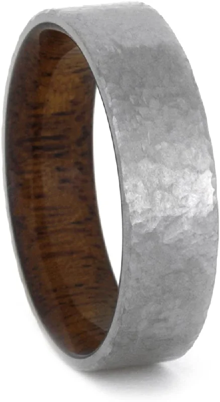 Mahogany Wood Ring with Hammered Titanium Band, 7mm Comfort-Fit, Size 11