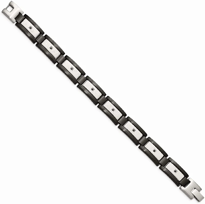 Men's Brushed Stainless Steel 12mm Black IP with Black CZ Bracelet, 8.5 Inches