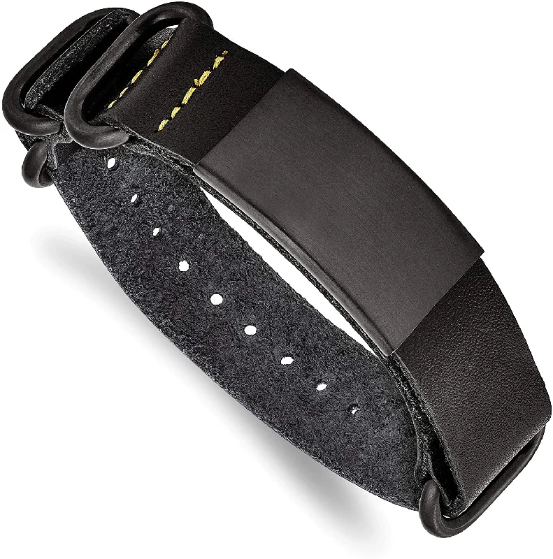 Men's Black Leather, Brushed Black IP, Stainless Steel Adjustable ID Buckle- Clasp Bracelet