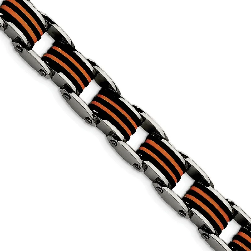 Men's Polished Stainless Steel 12mm Black And Orange Polyurethane Bracelet, 8.5"