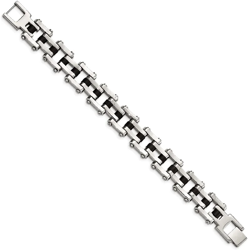 Men's Stainless Steel 12mm Black Rubber Bracelet, 8.5 Inches