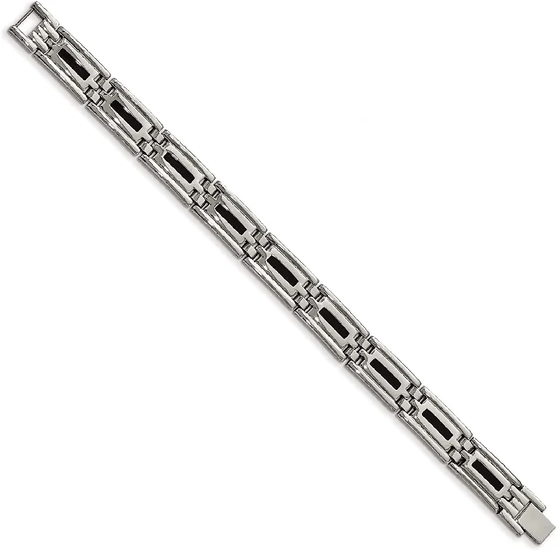 Men's Stainless Steel Black Enamel Link Bracelet, 8.5 Inches