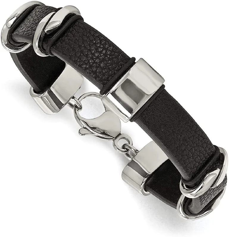 Men's Black Leather Stainless Steel lobster-Clasp Bracelet, 8.5 Inches