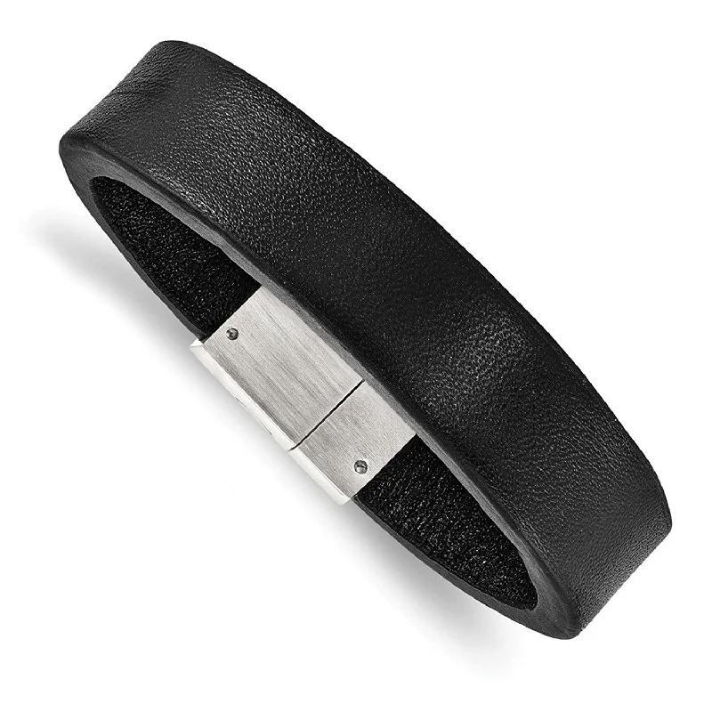 Men's Polished Stainless Steel Black Leather Bracelet, 8.5"