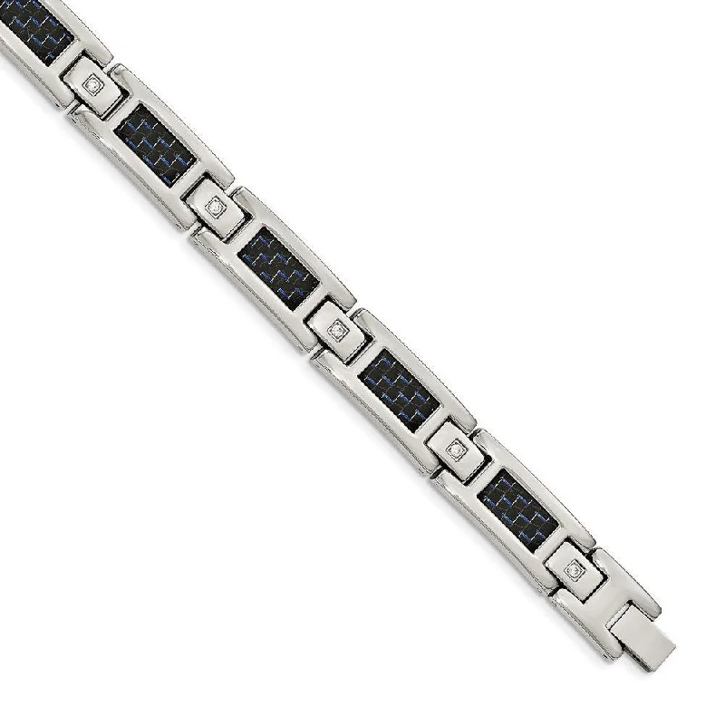 Men's Polished Stainless Steel Blue Carbon Fiber Inlay with CZ Bracelet, 9"