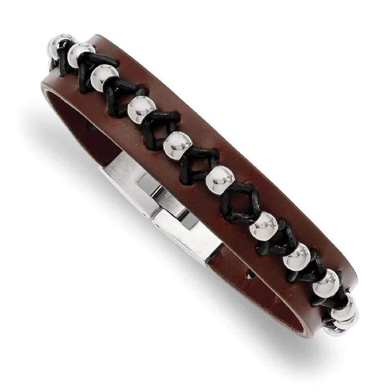 Men's Polished Stainless Steel Brown Leather with Beads Bracelet, 8.5 "