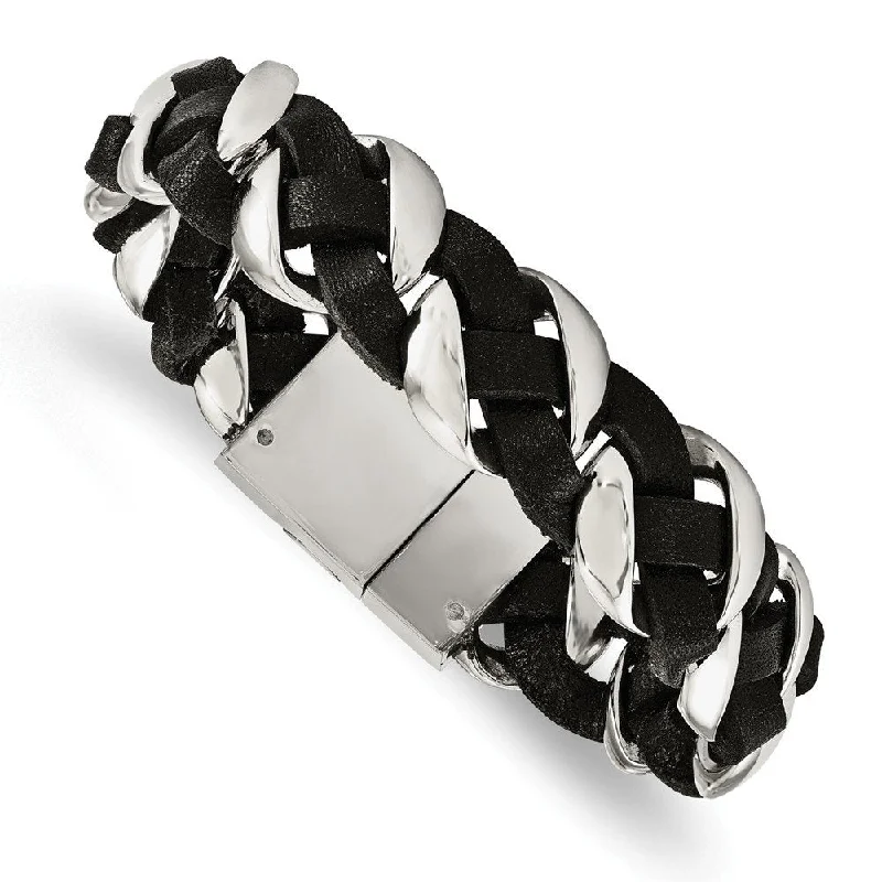 Men's Polished Stainless Steel Leather Braided Bracelet, 8"