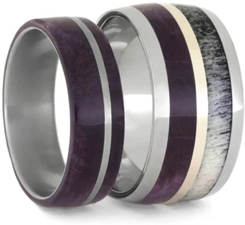 Men's Purple Box Elder Burl, Deer Antler Titanium Band, Women's Purple Box Elder Burl Wood Titanium Band Sizes M10.5-F9