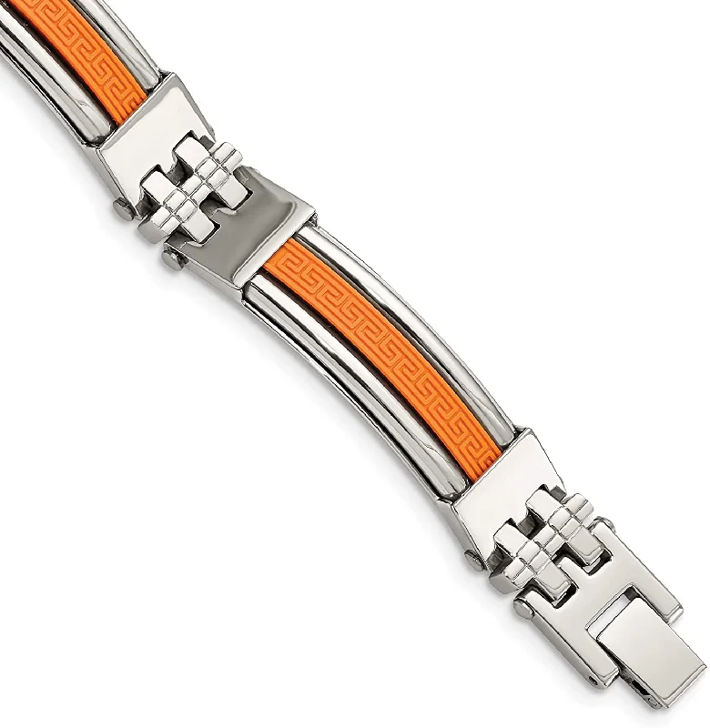 Men's Stainless Steel 11mm Orange Rubber Link Bracelet, 9 Inches