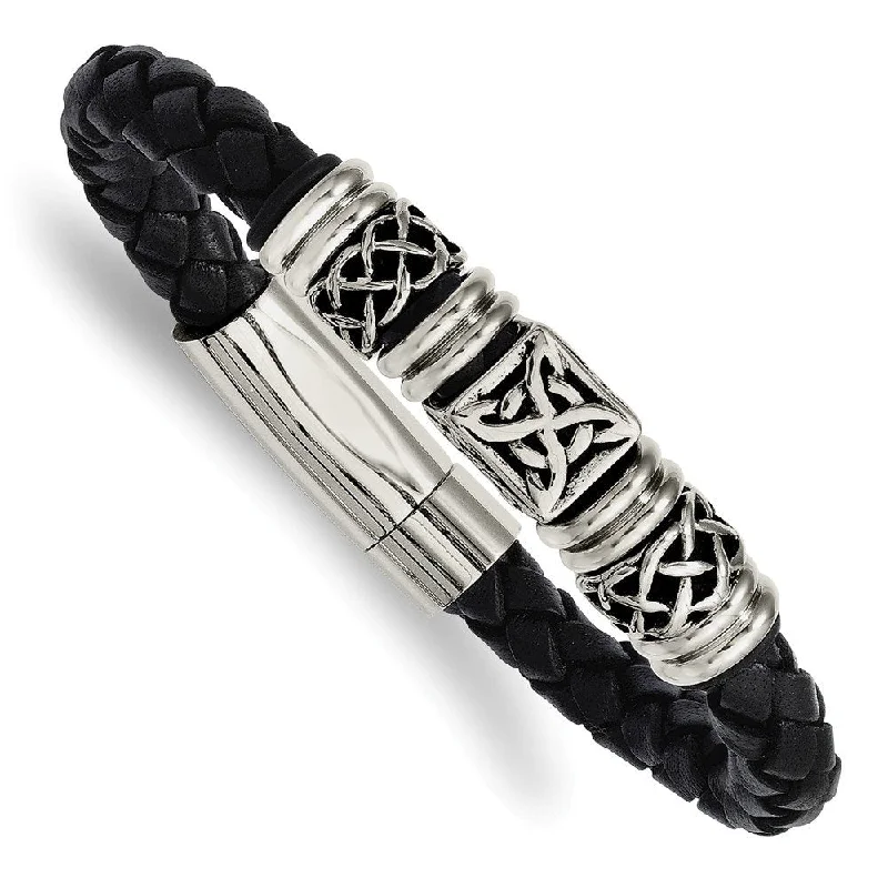 Men's Stainless Steel 14mm Black Leather with Antiqued Beads Bracelet, 8.5"