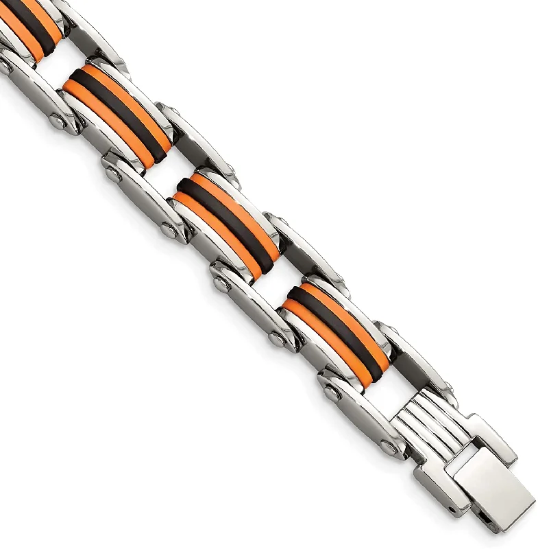 Men's Stainless Steel 9mm Black and Orange Polyurethane Link Bracelet, 8.75 Inches