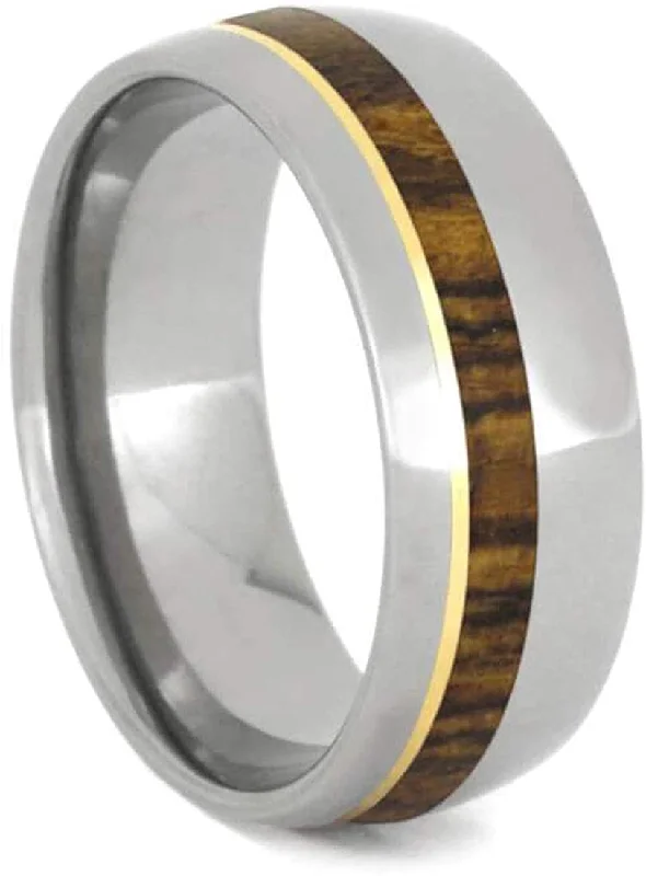 Men's Titanium Bocote Wood, 14k Yellow Gold Pinstripe 8mm Comfort-Fit Band, Handmade, Size 10.75