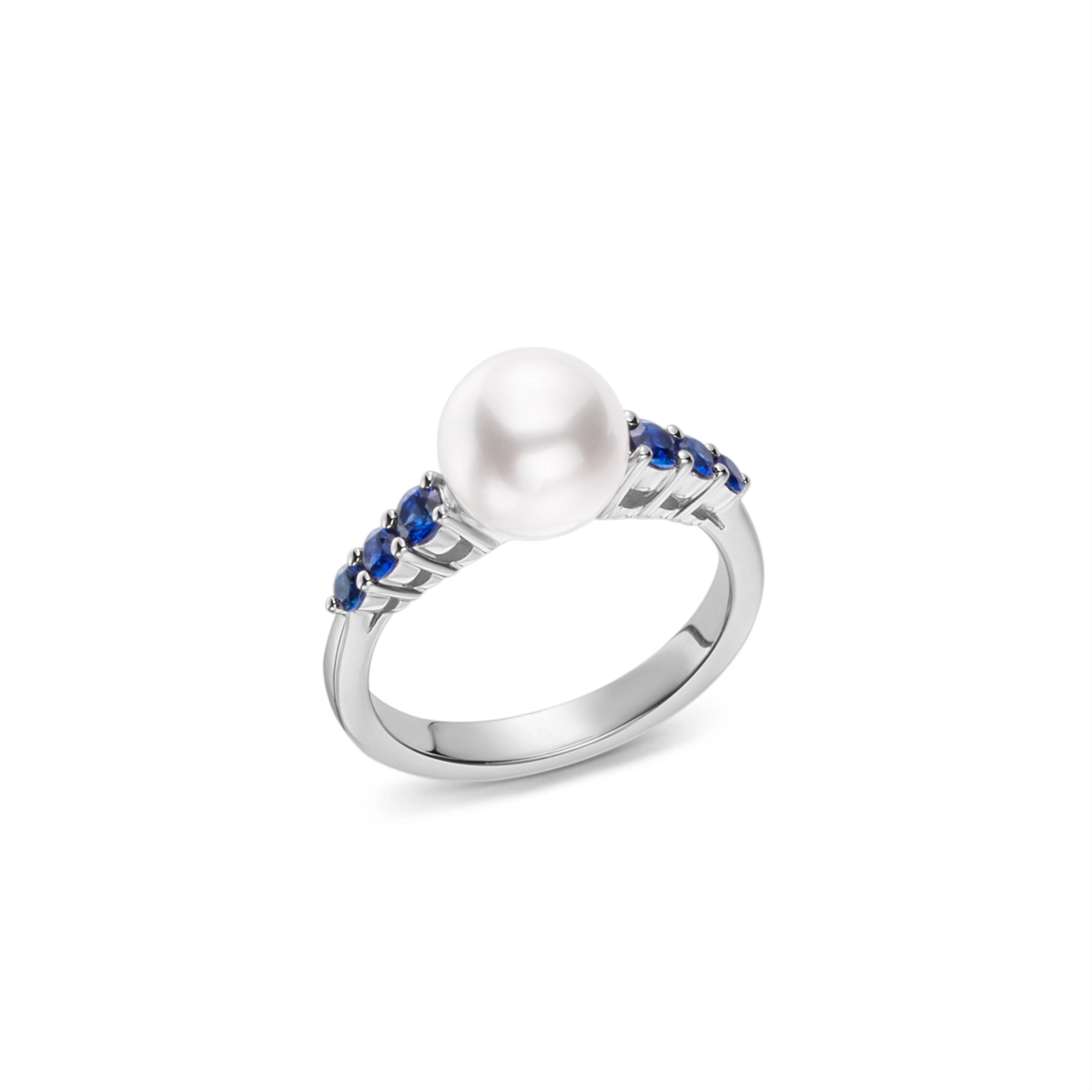 Mikimoto 18K White Gold 8-8.5mm Cultured Pearl and Blue Sapphire Ring