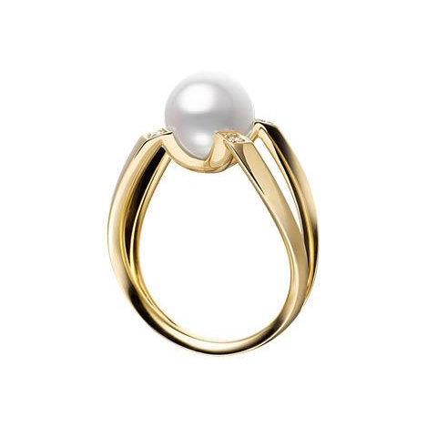 Mikimoto 18K Yellow Gold Cultured Pearl and Diamond Ring