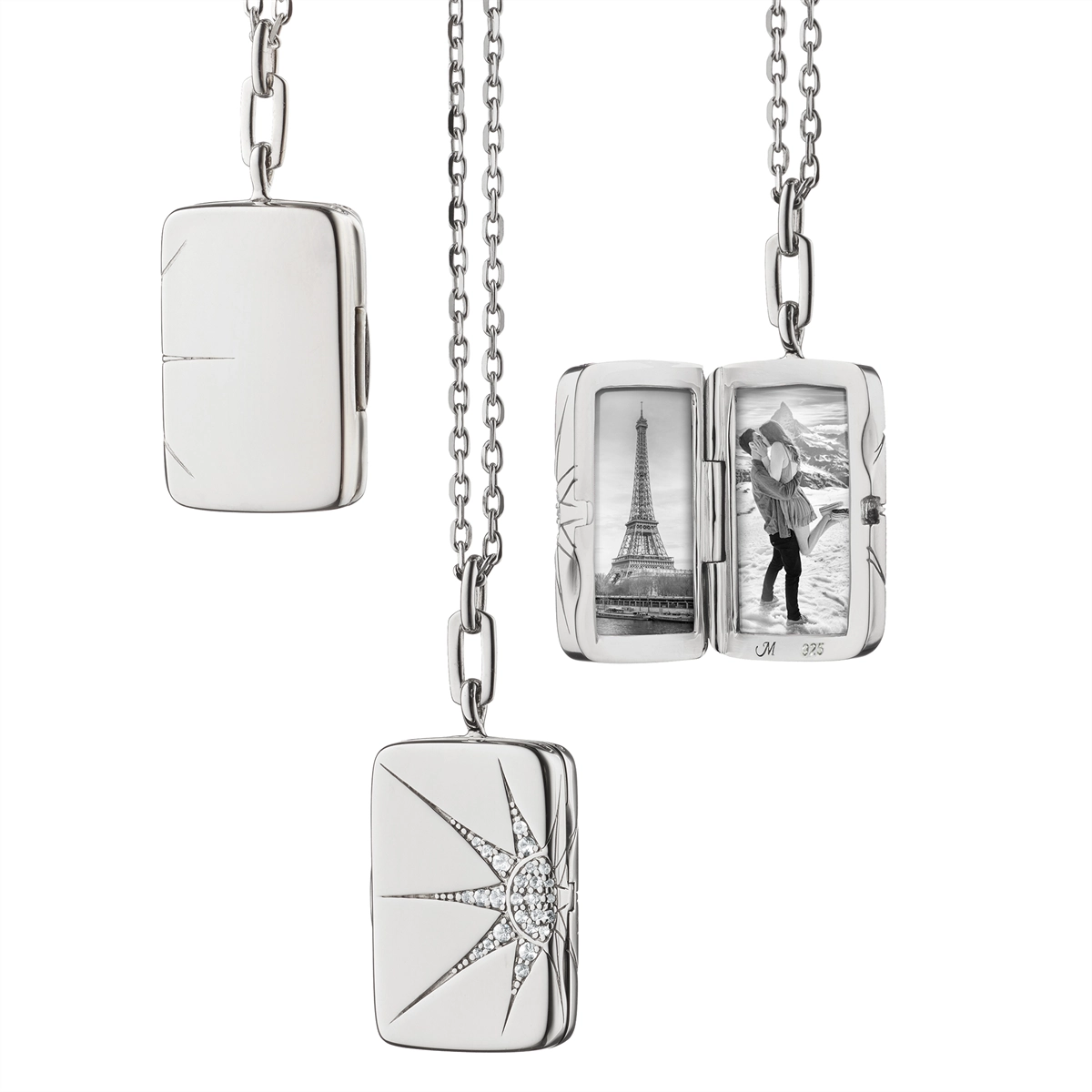 Monica Rich Kosann Sterling Silver Rectangle Elongated Star Locket Necklace with White Sapphire