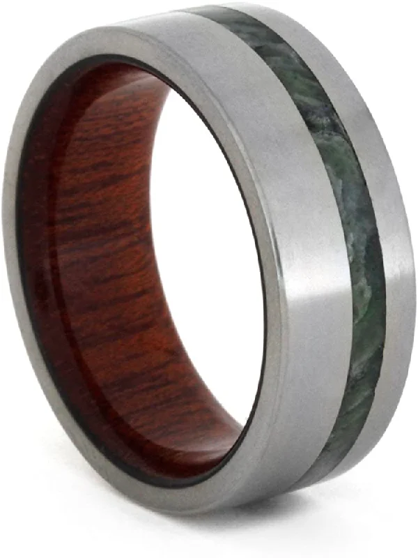 Nephrite Jade, Bloodwood Sleeves 8mm Comfort-Fit Matte Titanium Band, Size 9.25