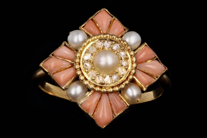 Vintage 18K Yellow Gold Angel Skin Coral & Pearl Conversion Ring