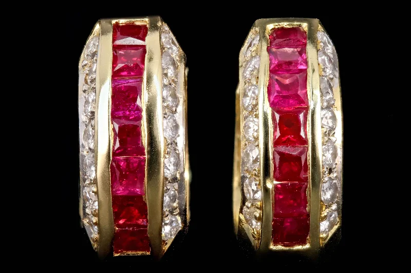 Modern 14K Yellow Gold 1 CT Natural Ruby and Diamond Hoop Earrings