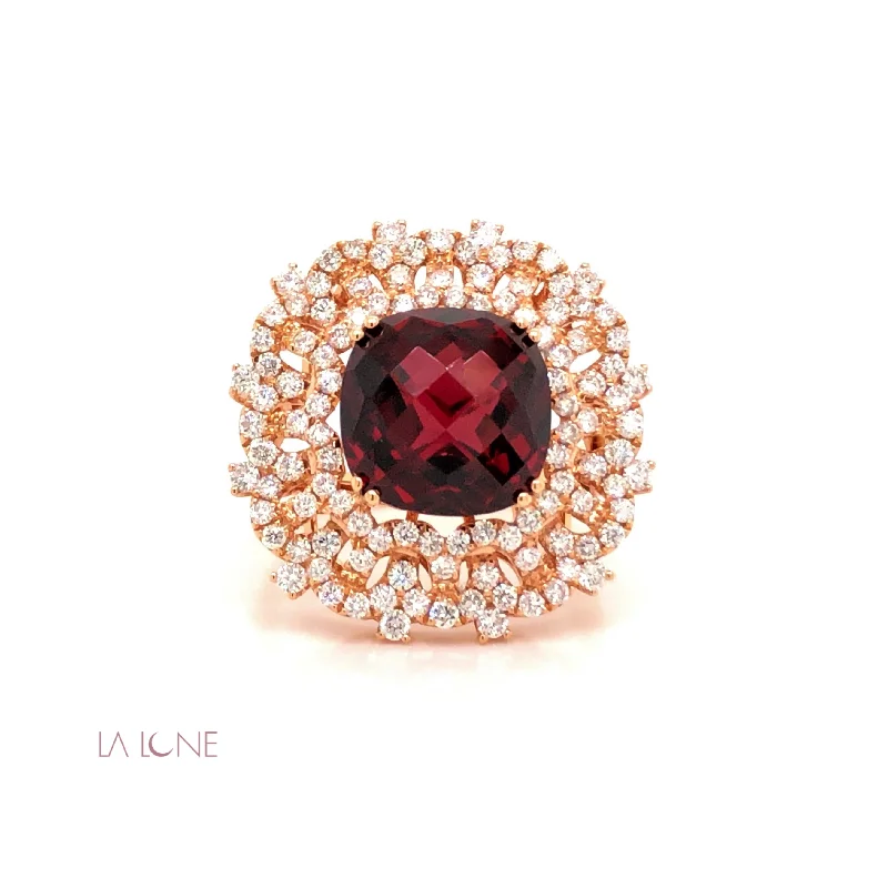 Diamond and Garnet Cushion Ring - LaLune