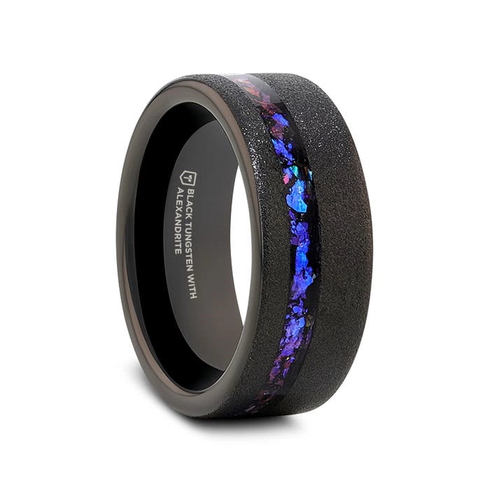 Sandblasted Black Tungsten Band with Crushed Alexandrite and Dark Blue and Purple Crushed Goldstone