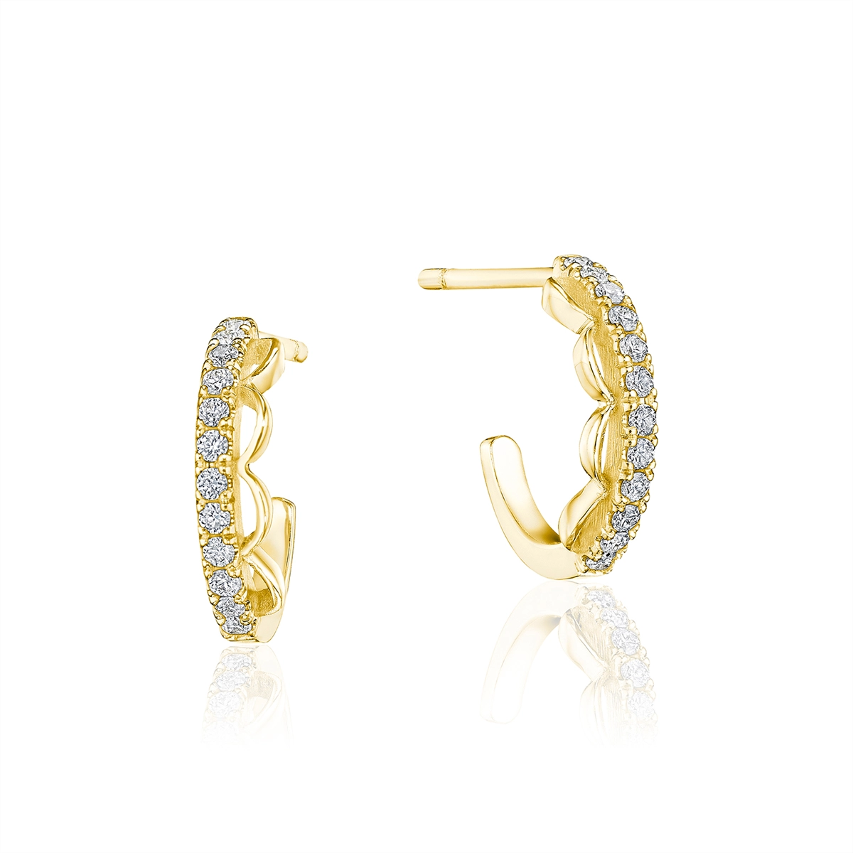 Tacori Crescent Bar 14K Yellow Gold French Pave Diamond Huggie Hoop Earrings