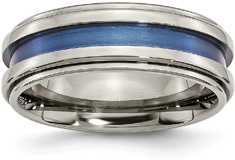 Titanium, Blue Anodized Groove 8mm Comfort-Fit Band, Size 8.5