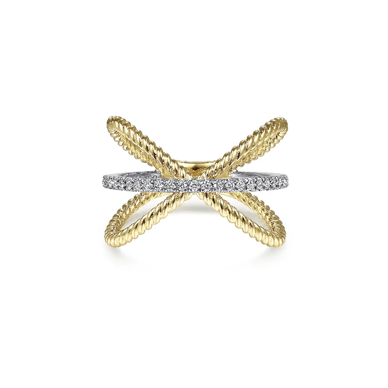 Two-Tone Braided Diamond Crisscross Ring - Gabriel & Co.