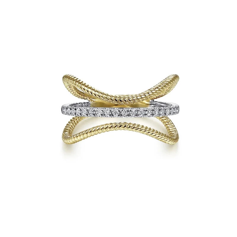 Two-Tone Curved Braided Ring With Diamond Center - Gabriel & Co.