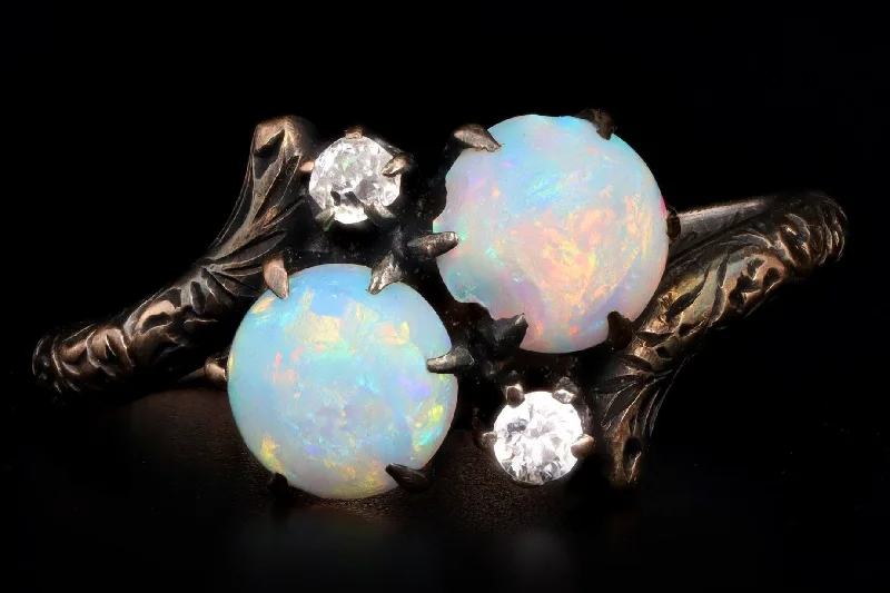 Victorian 14K White Gold Opal & Diamond Ring