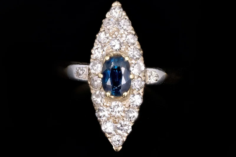 Victorian 14K Yellow Gold .65 Carat Natural Sapphire & Diamond Navette Ring