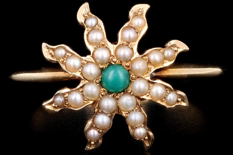 Victorian 14K Yellow Gold Chrysoprase & Seed Pearl Flower Conversion Ring