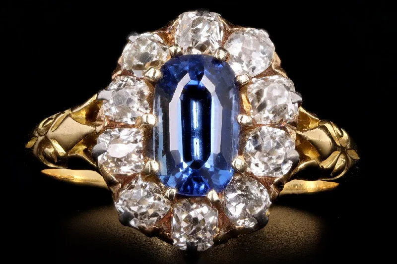 Victorian 18K Yellow Gold 1.58 Carat Natural No Heat Ceylon Sapphire & Diamond Halo Ring GIA Certified