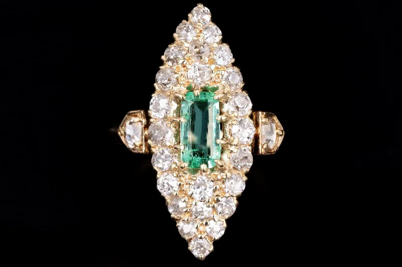 Victorian 18K Yellow Gold .35 Carat Natural Emerald & Diamond Navette Ring