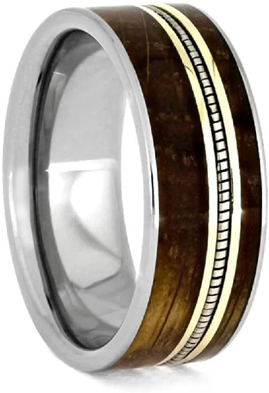 Whiskey Barrel Oak Wood, Cello String, 10k Yellow Gold 8mm Titanium Comfort-Fit Band, Size 14.5