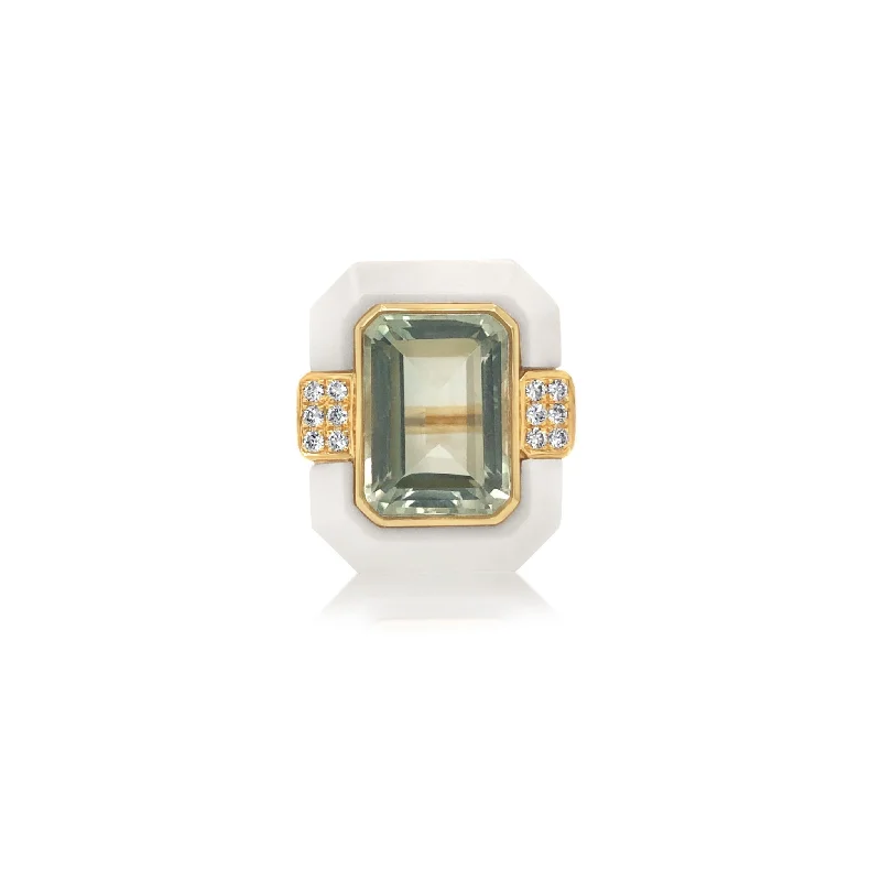 White Agate and Diamond Ring With Green Amethyst Center - Doves by Doron Paloma