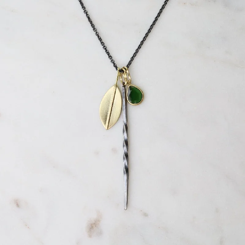 Oxidized Silver Spire, 18k Mod Petal, & Green Tourmaline Cluster Necklace