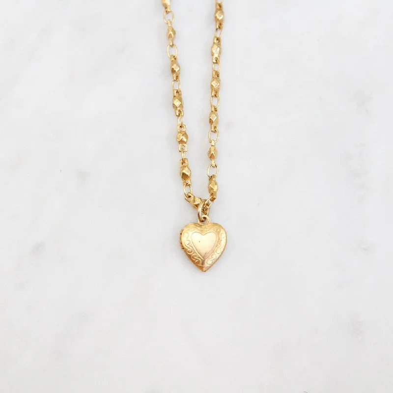 Small Heart Locket on Bead Link Chain - Gold Plate