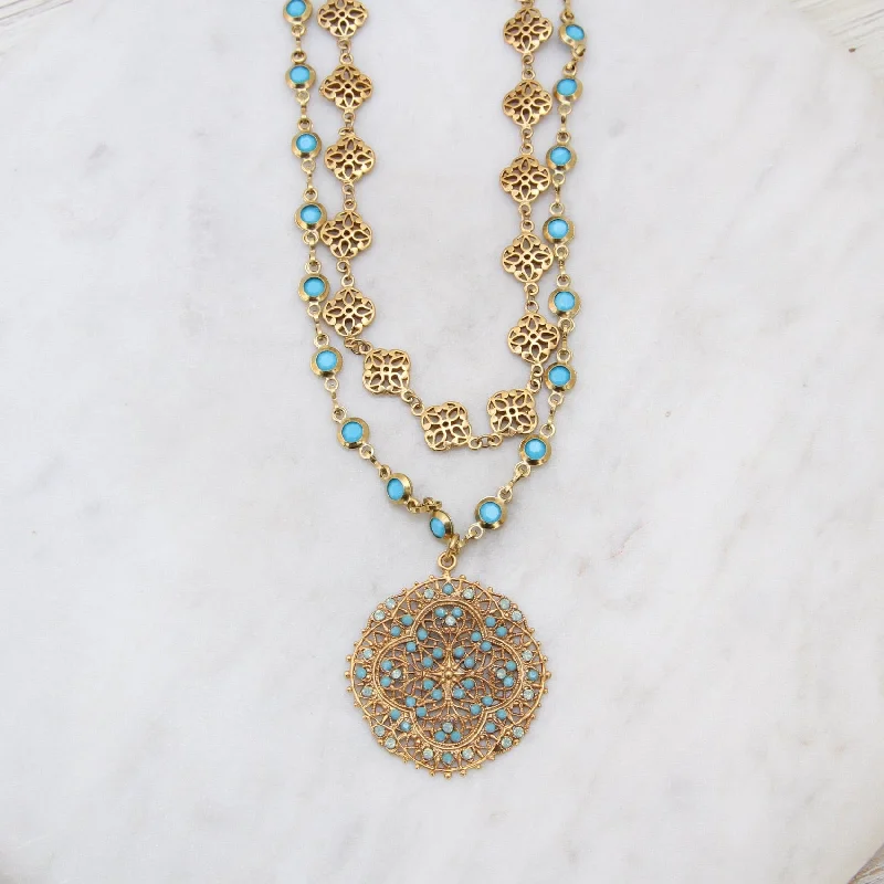 Double Strand Gold Filagree & Turquoise Crystal Bead Chain Necklace