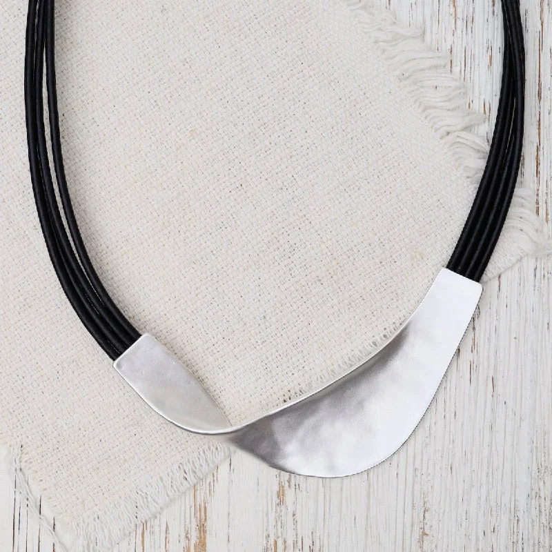 Matte Silver Black Leather Necklace