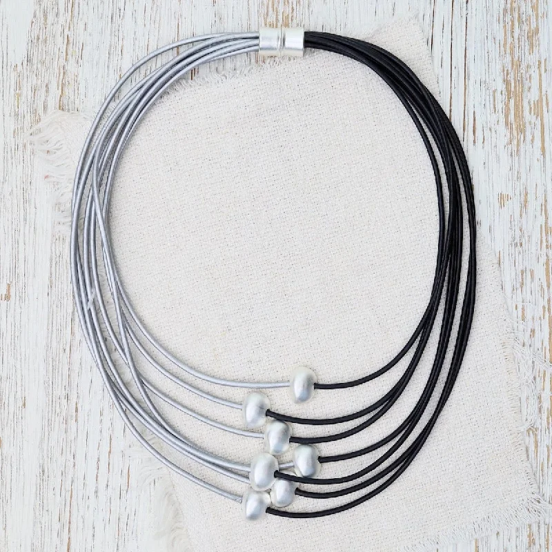 Matte Silver Beads on Black & Grey Leather Necklace