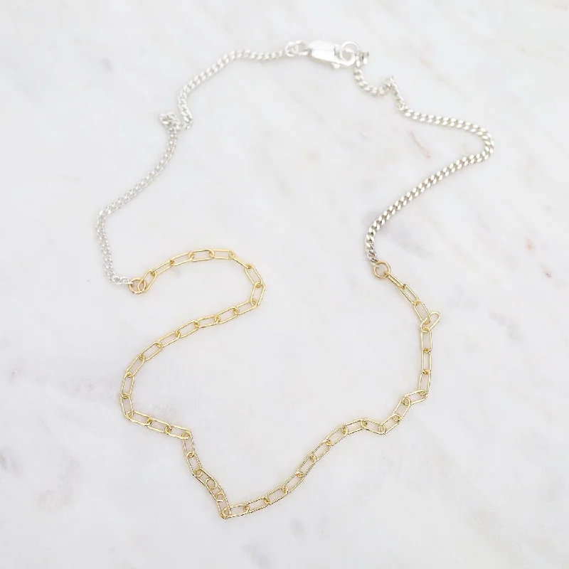 Mixed Chain Necklace with Silver Curb & Gold Drawn Cable Chain