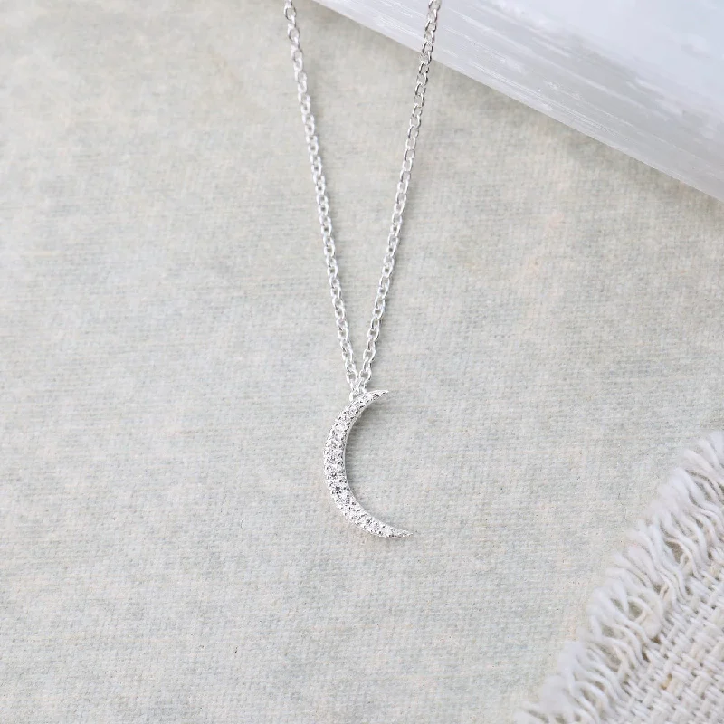 CZ Pave New Moon Necklace - Sterling Silver